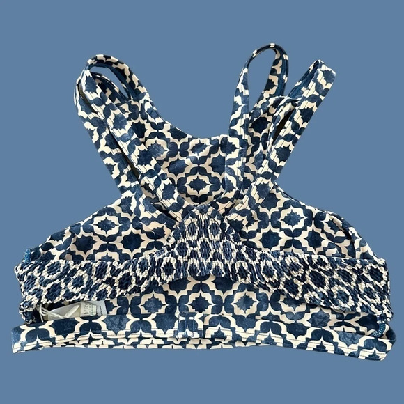 Tori Praver Seafoam Womens Medium Blue Print Smocked Strappy Bikini Top Swimwear - Picture 2 of 4